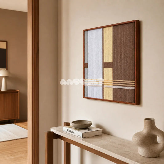 Diluted Solitude gray yellow and brown textile wall art shown from an angled view above a slim console in a minimalist entryway.