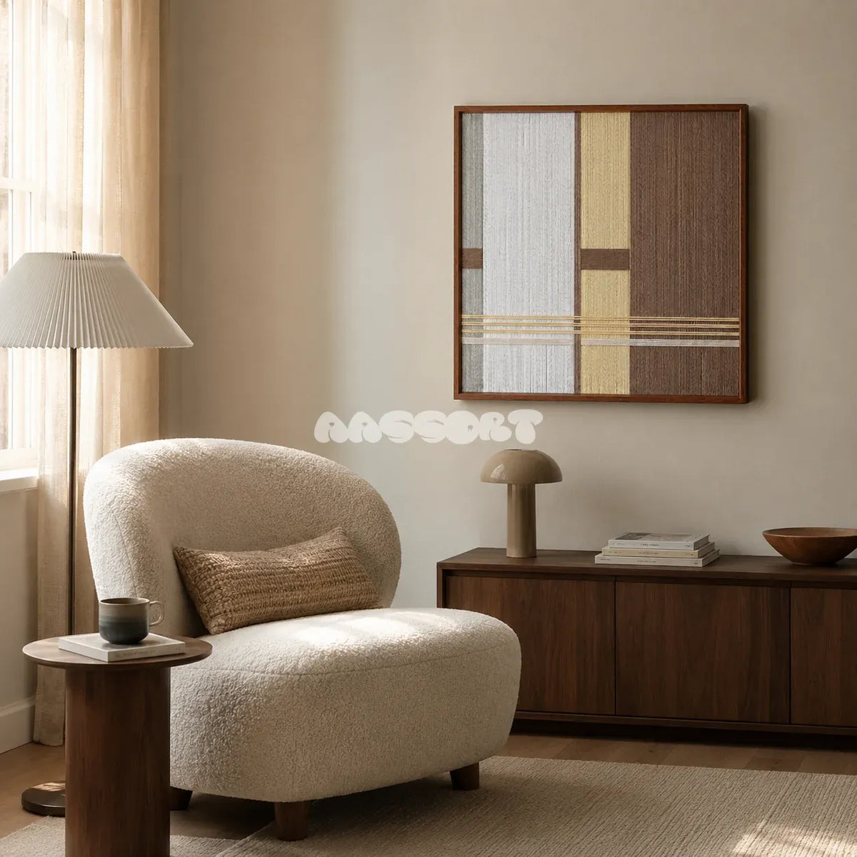 Diluted Solitude gray yellow and brown textile wall art displayed above a walnut sideboard in a softly lit reading corner.