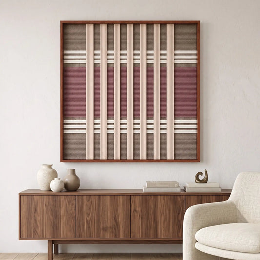 Framed Dusty Tones textile wall art styled elegantly above a wooden credenza in a sunlit modern living room setting.