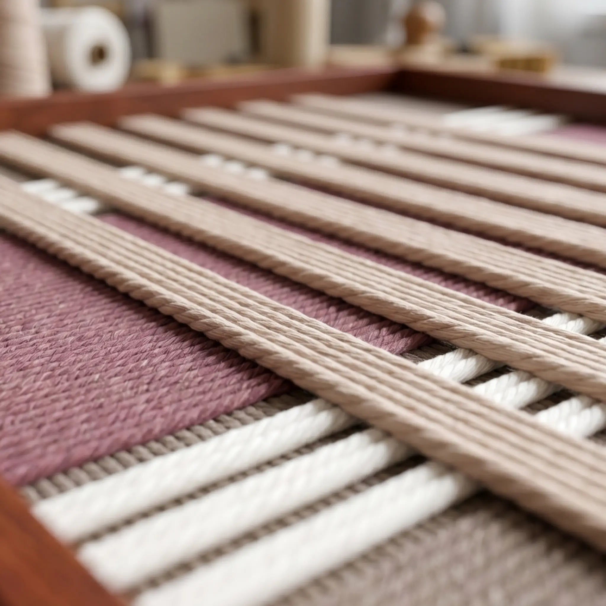 Detailed macro close-up of the Dusty Tones hand-woven textile art highlighting the textured mauve, pink, and cream vertical yarn stripes.