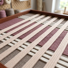 Extreme low-angle macro shot of the Dusty Tones hand-woven textile art lying flat, highlighting the textured mauve, pink, and cream vertical yarn stripes.