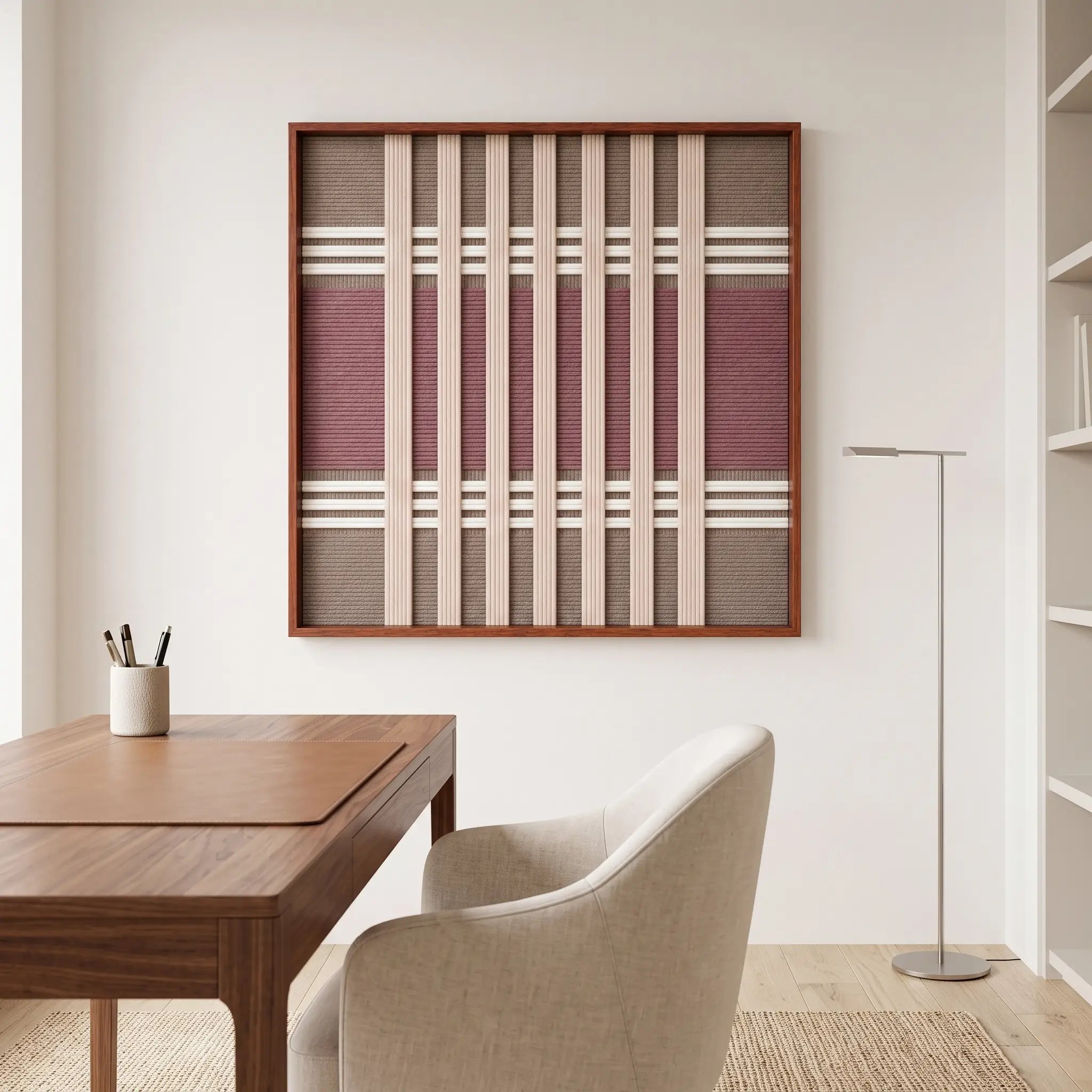 The Dusty Tones hand-woven tapestry creates a calm focal point above a wooden desk in a stylish, minimalist home office.