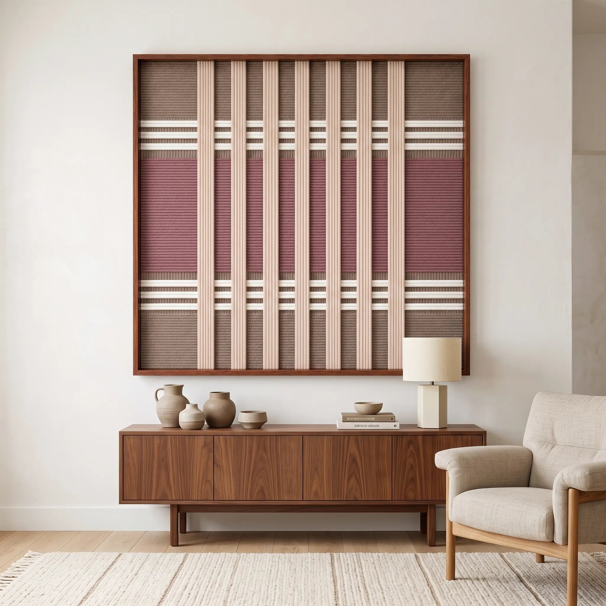 The Dusty Tones hand-woven wool tapestry hangs elegantly above a wooden sideboard in a cozy living room with neutral-colored furniture.