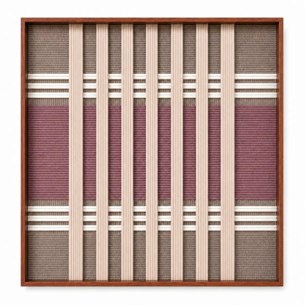 Frontal studio shot of the Dusty Tones square framed wall art featuring a sophisticated mauve, brown, and cream geometric tapestry.
