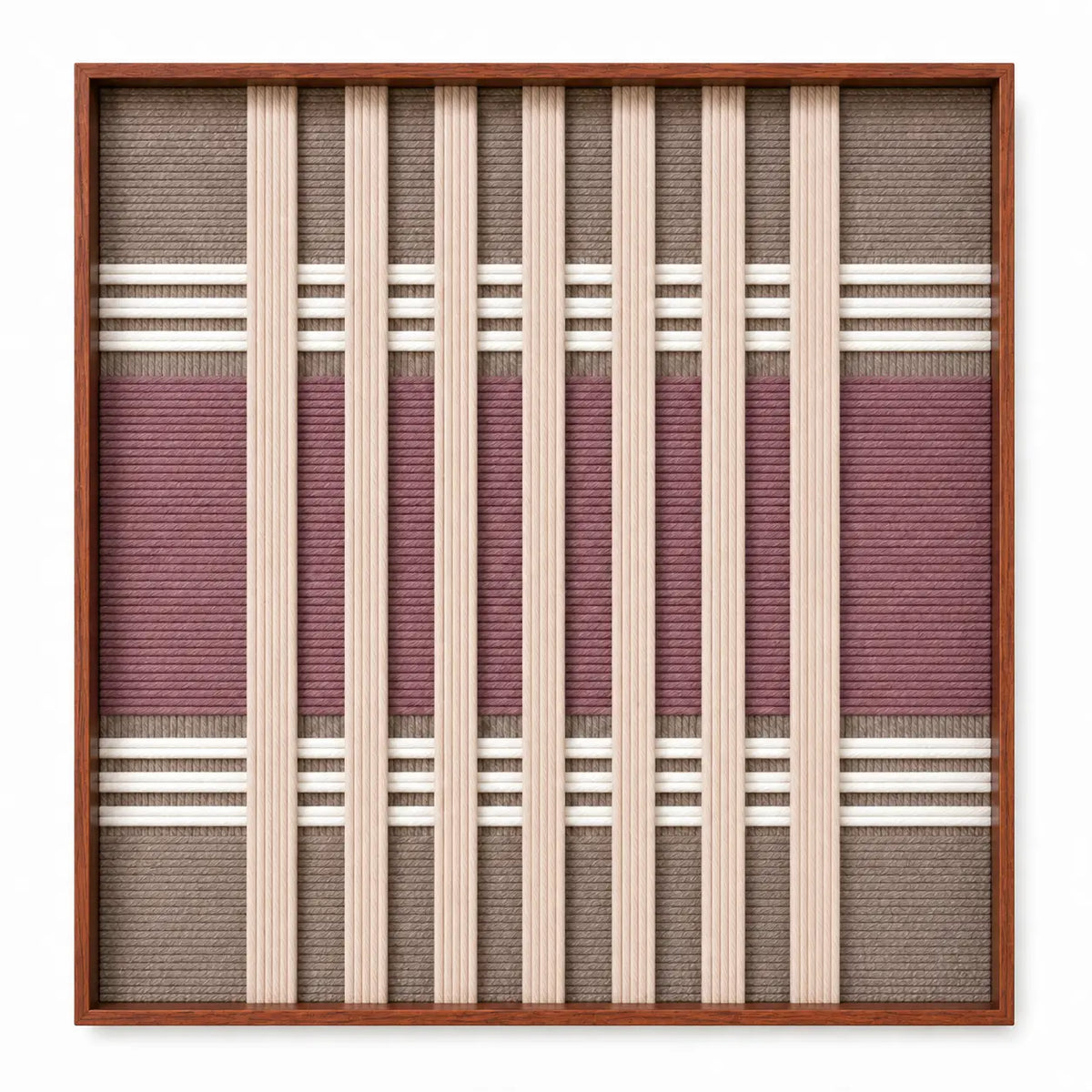 Frontal studio shot of the Dusty Tones square framed wall art featuring a sophisticated mauve, brown, and cream geometric tapestry.