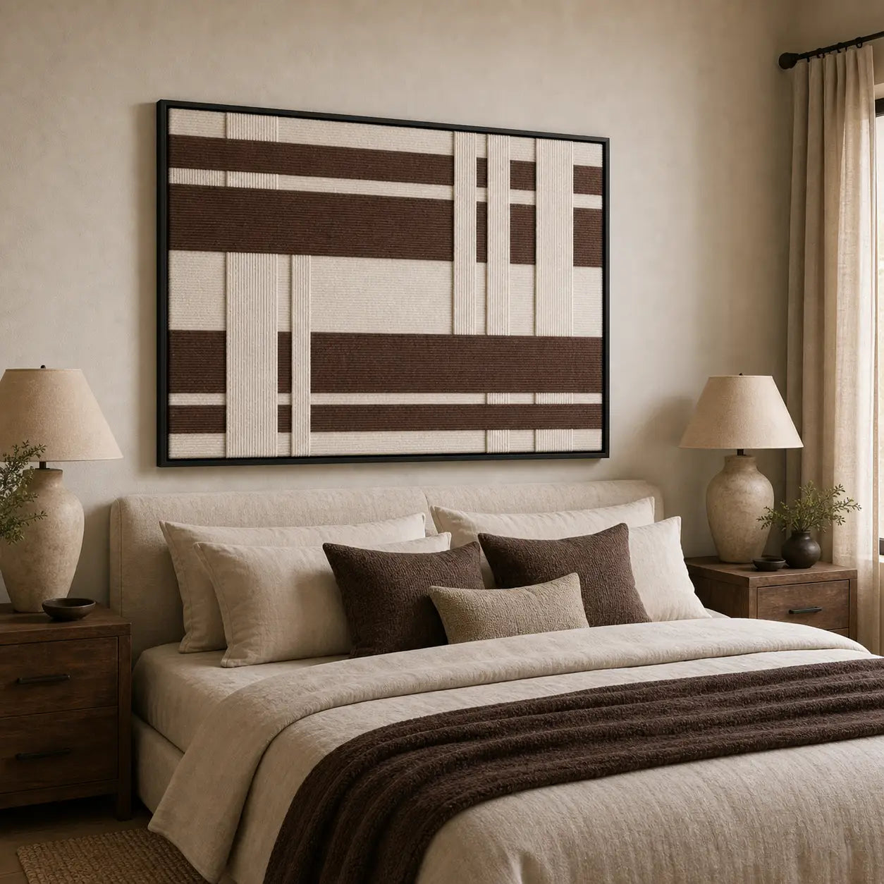 Large framed Earthen Bands wool tapestry hanging elegantly above a neatly styled bed with matching brown bedding in a cozy room.