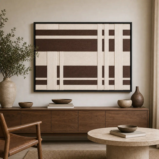 Framed Earthen Bands hand-woven wall art displayed above a light wood console table in a serene, earthy-toned living room setting.