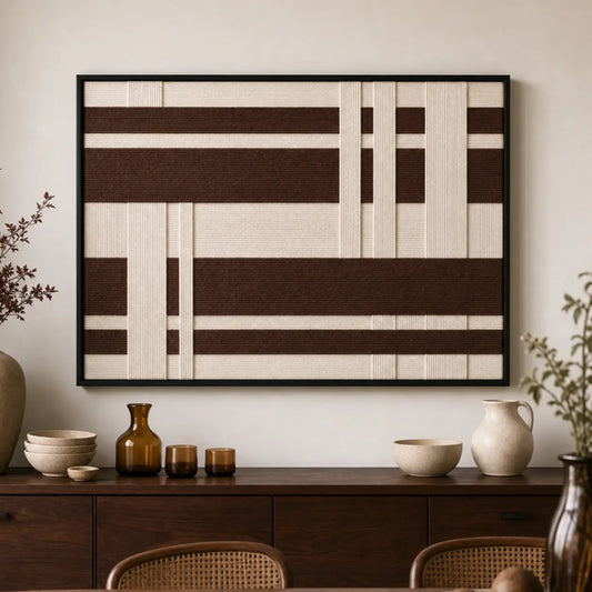 Earth-toned geometric hand-woven wool tapestry beautifully staged in a warm dining room, hanging over a dark rustic wooden sideboard.