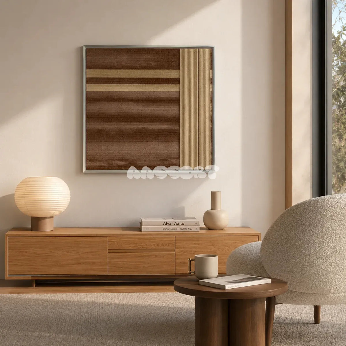 Earth’s Embrace earthy geometric yarn wall art displayed above a wood console beside a curved cream chair in a minimalist living room.