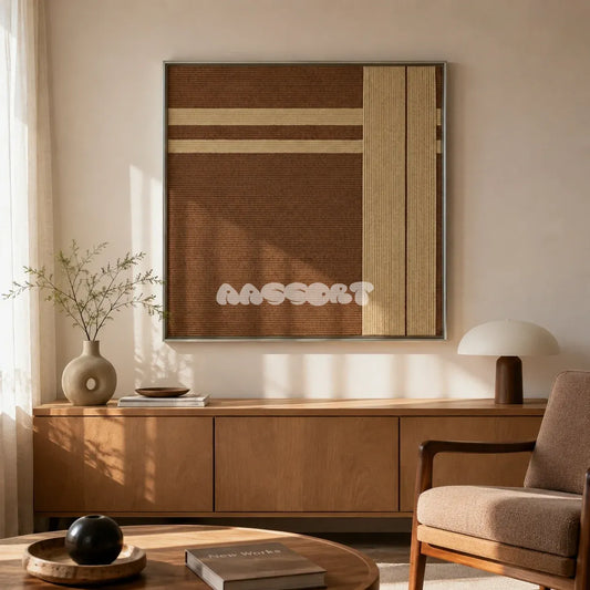 Earth’s Embrace chocolate brown and sand cream geometric yarn wall art displayed above a light wood sideboard in a sunlit living room.