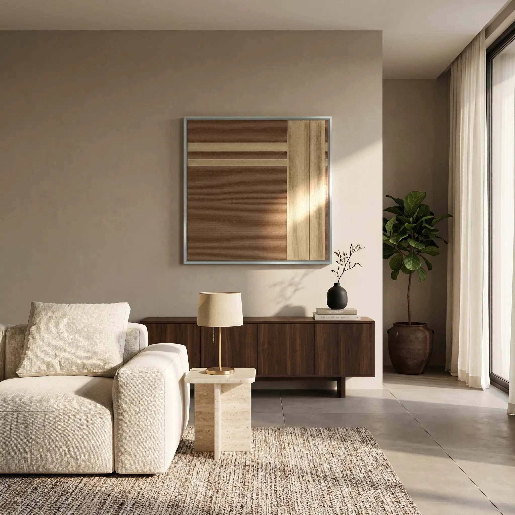 Square hand-woven textile art piece displayed in a bright living space, highlighting the natural brown and tan fiber textures.