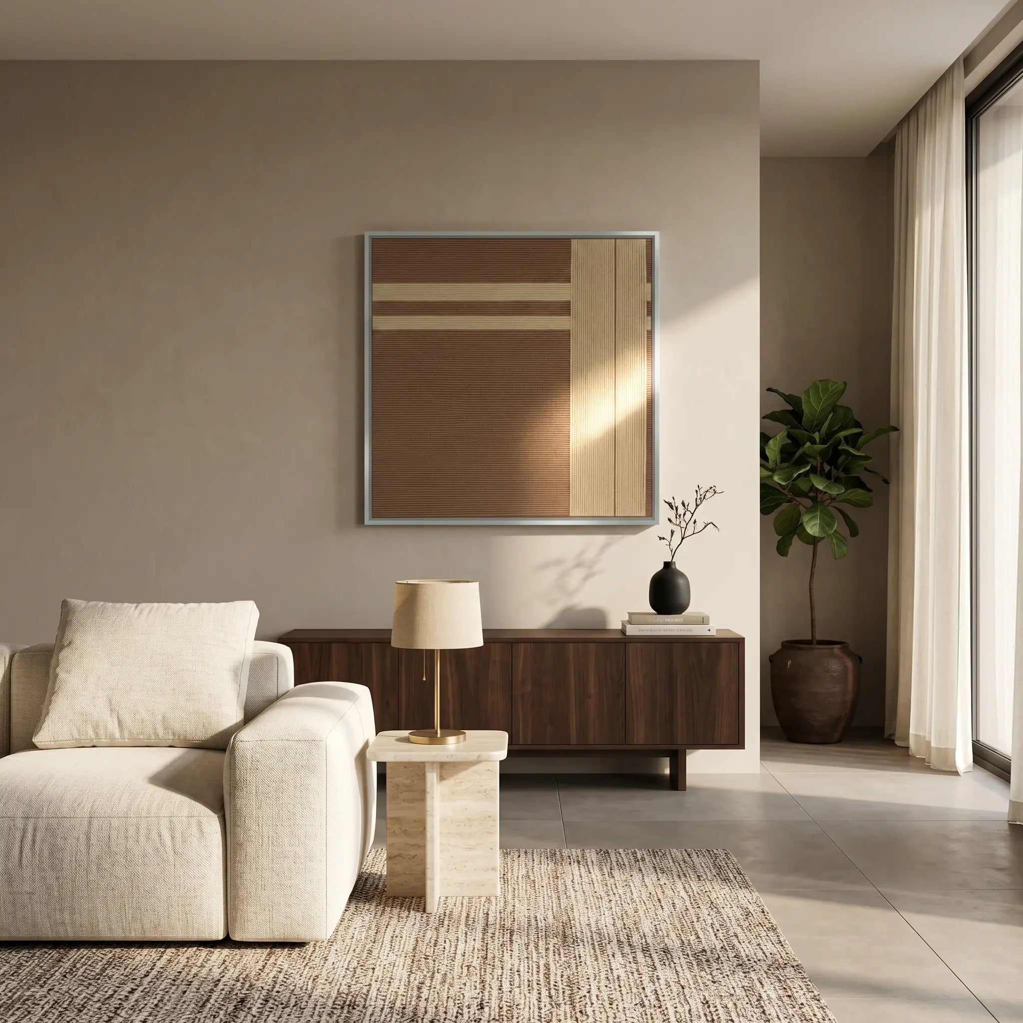 Handmade wool wall art in a silver frame placed above a wooden console table next to a large indoor plant.