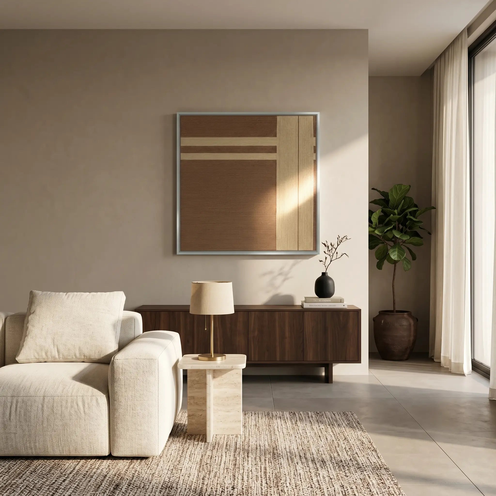 Large-scale textured wool wall decor centered in a contemporary lounge area with a cream sofa and minimalist wooden furniture.