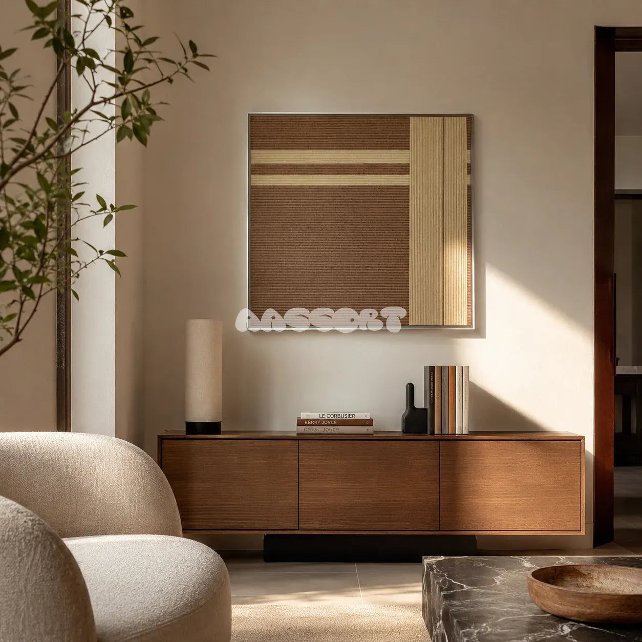 Earth’s Embrace chocolate brown and sand cream geometric yarn wall art displayed above a wood sideboard in a sunlit reading room.