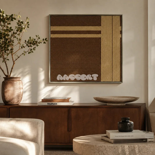 Earth’s Embrace earthy geometric yarn wall art displayed above a dark wood sideboard in a warm neutral living room.
