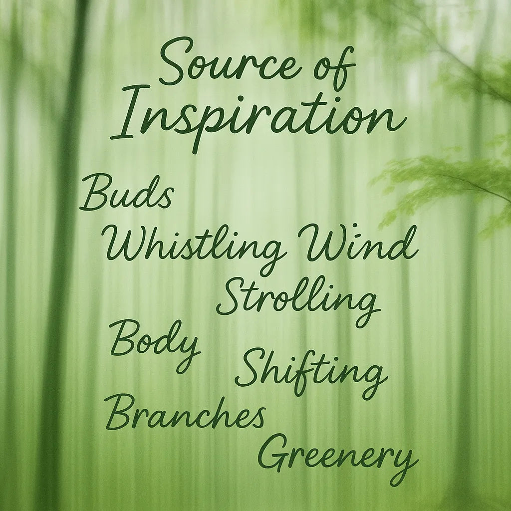 Inspiration graphic for Green Branches featuring a soft green forest background and words evoking buds, wind, branches and greenery