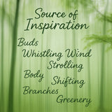 Inspiration graphic for Green Branches featuring a soft green forest background and words evoking buds, wind, branches and greenery