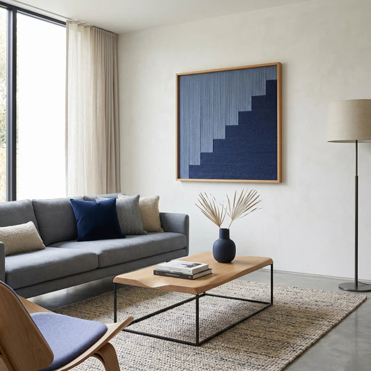 Hand-woven wool wall art with a blue staircase pattern displayed in a modern living room featuring a grey sofa and wooden coffee table.