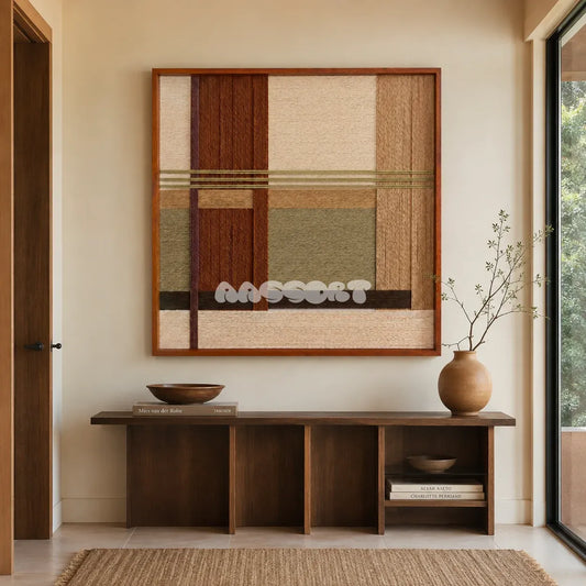 Embers of the Wild earth-tone textile wall art displayed above a dark wood console in a warm modern entryway.