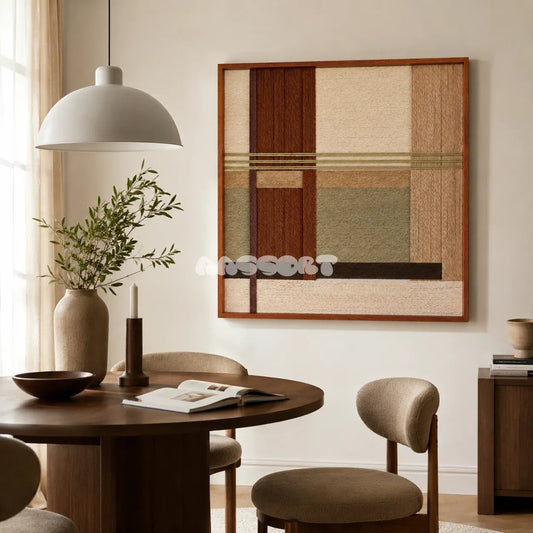 Embers of the Wild earth-tone textile wall art styled beside a round wood table in a softly lit organic modern dining room.