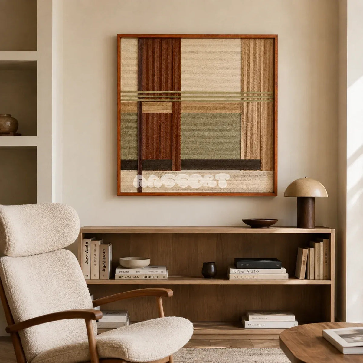 Embers of the Wild earth-tone textile wall art displayed above a low bookcase in a sunlit reading corner with a boucle chair.