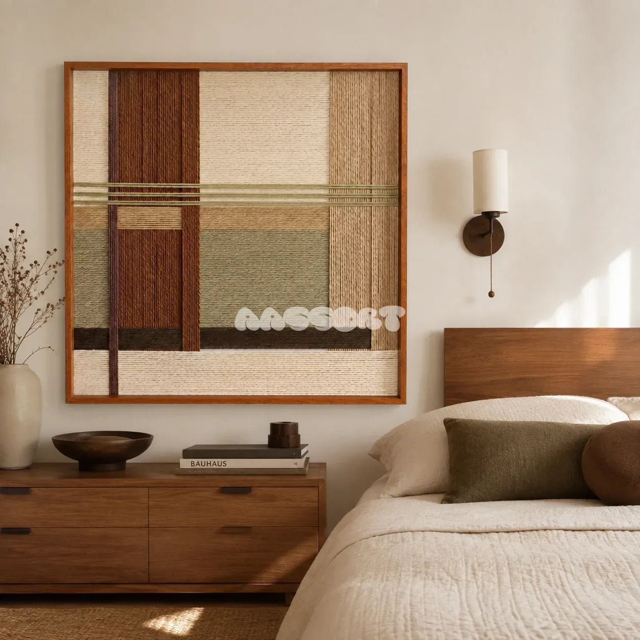 Embers of the Wild earth-tone textile wall art displayed above a wood dresser in a warm neutral bedroom.