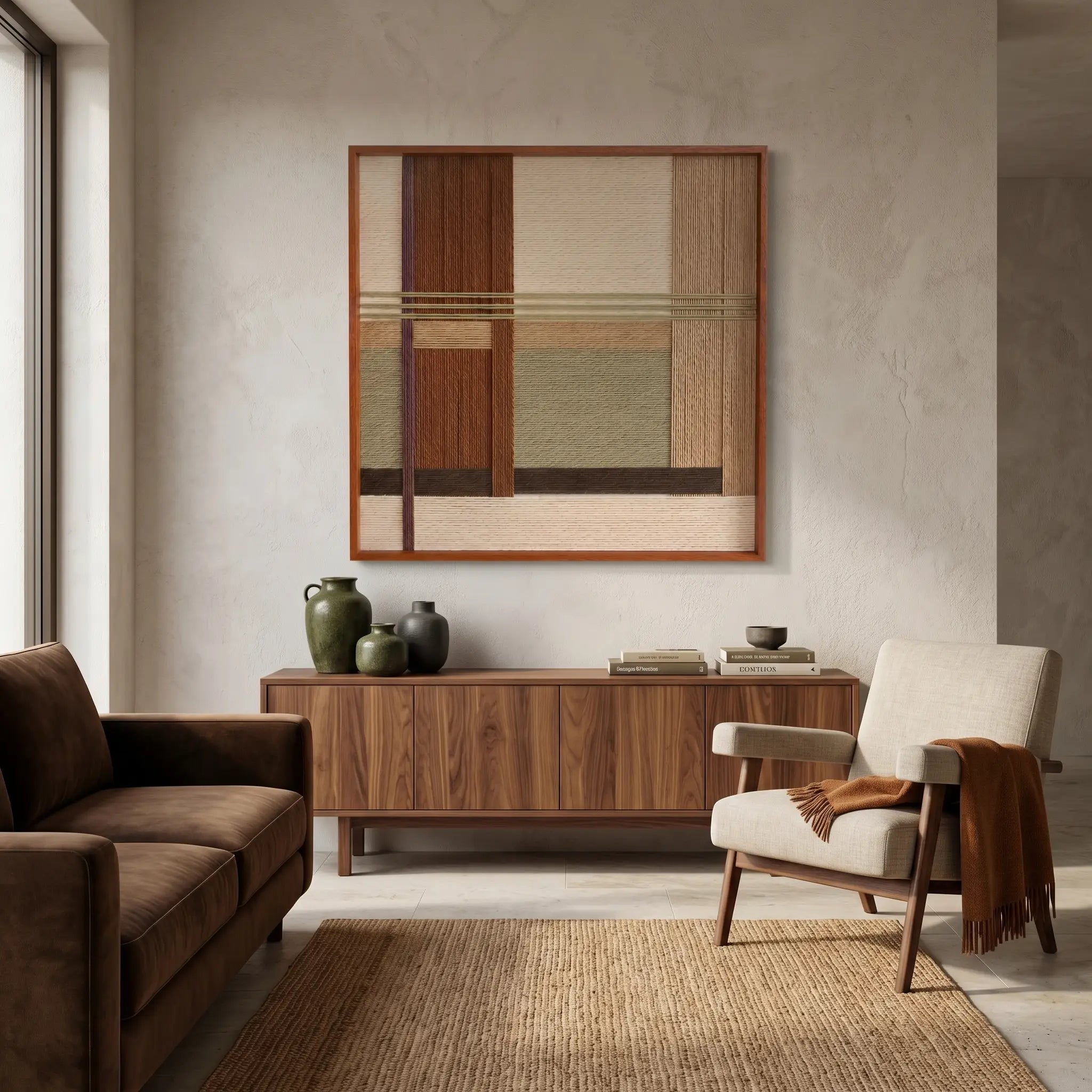 A large-scale textured wool wall art piece integrated into a sophisticated living room with a brown sofa, wooden furniture, and neutral rug.