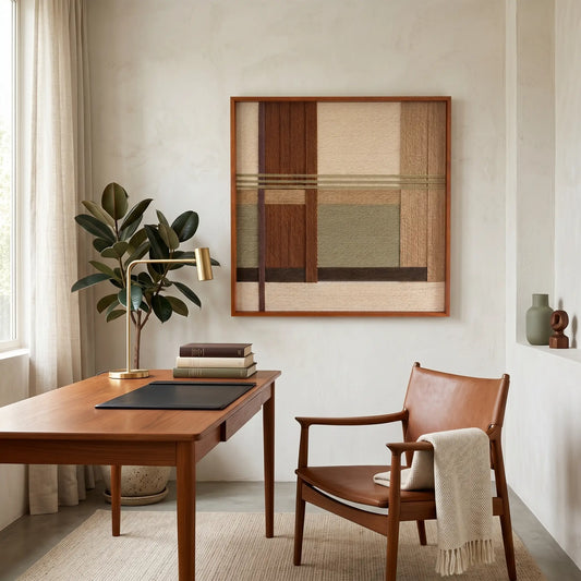 Framed fiber art tapestry with geometric abstract patterns displayed in a warm home office featuring a leather chair and wooden desk.