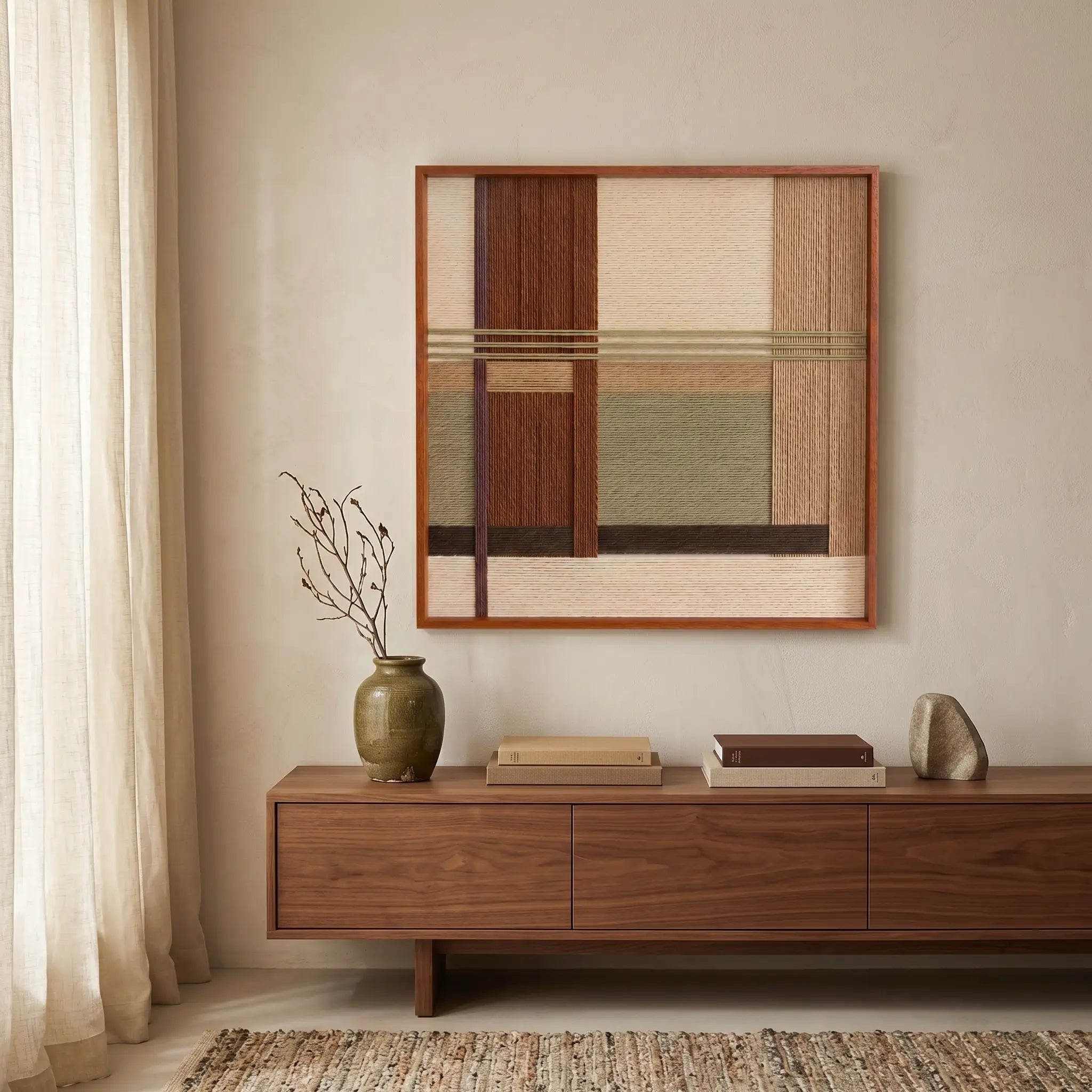 Textured wool wall hanging in a wooden frame styled above a low-profile walnut sideboard, creating a natural and cozy living room aesthetic.