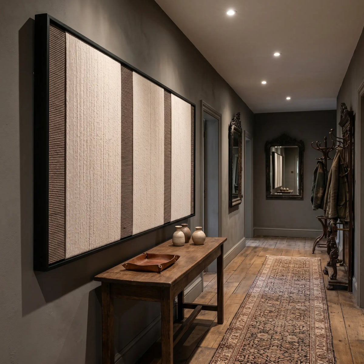 A long view of the Eternal Colonnade rectangular wall art displayed in a modern hallway, enhancing the space with its rich wool textures.