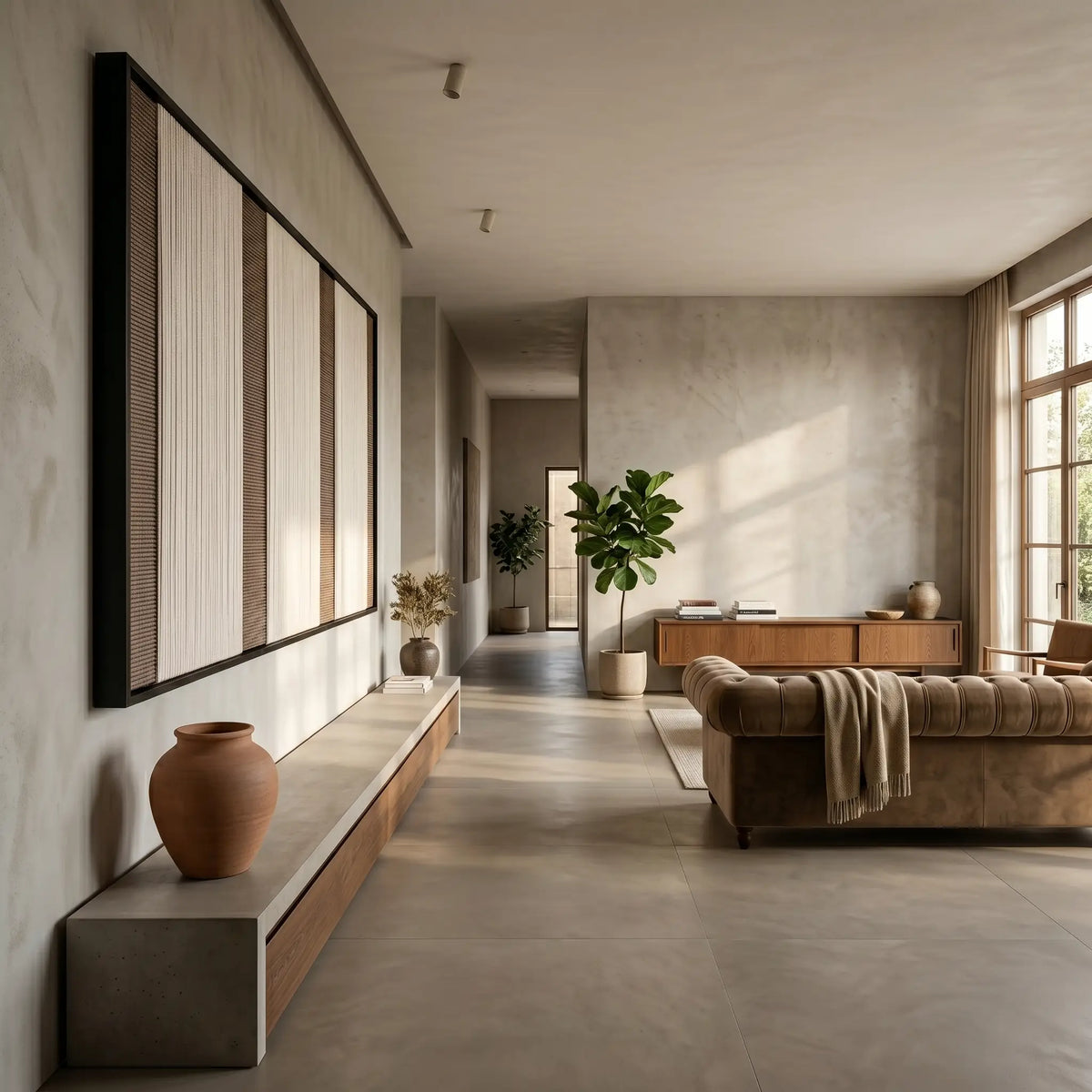 Large rectangular Eternal Colonnade hand-woven wool tapestry hanging elegantly above a low wooden sideboard in a bright, modern living room setting.