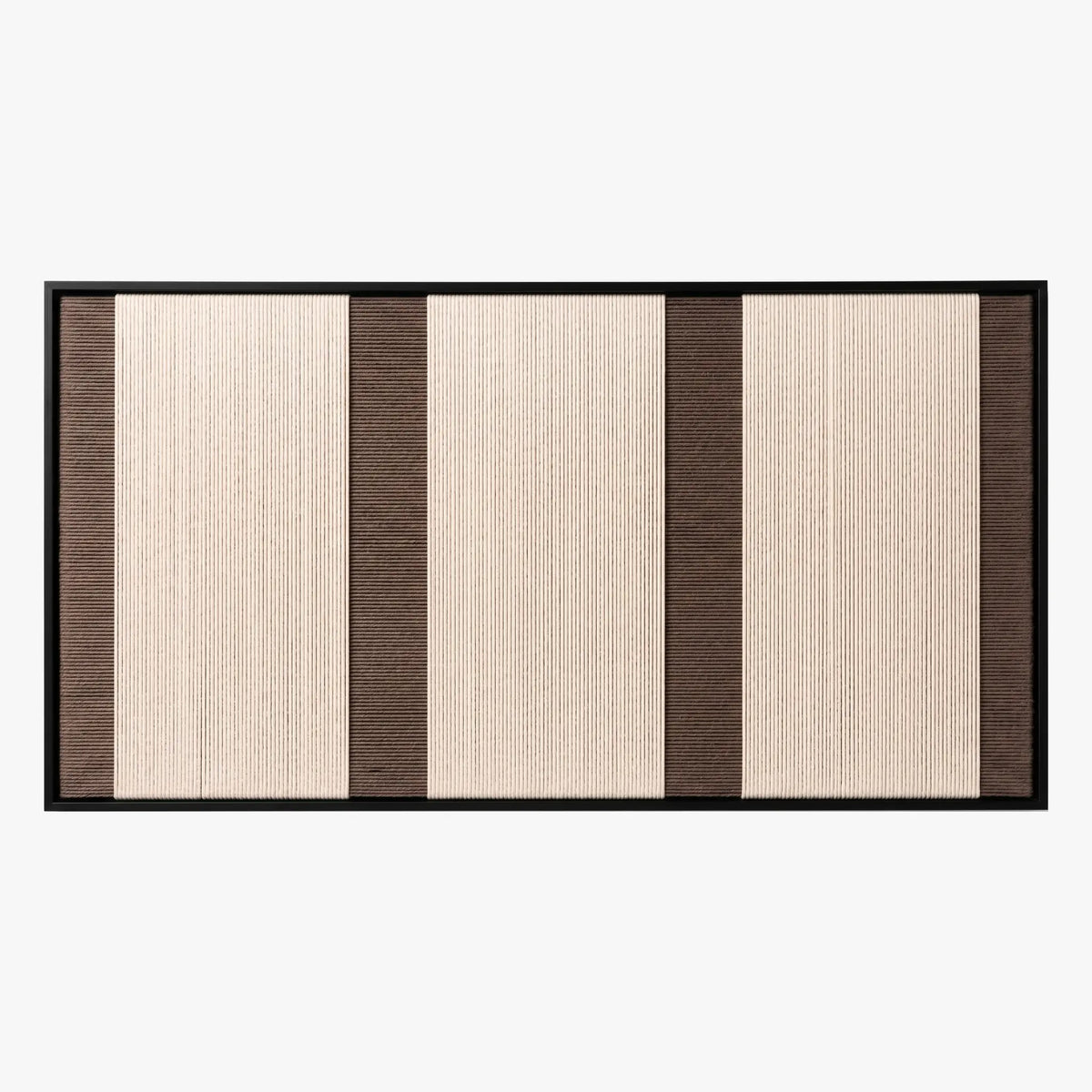 Frontal studio shot of the Eternal Colonnade rectangular hand-woven tapestry, showing cream and dark brown geometric stripes in a black frame.