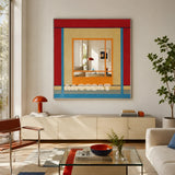 Fields of Blossoms red, blue, cream, and orange yarn-framed mirror displayed above a sideboard in a sunlit Bauhaus-style living room.