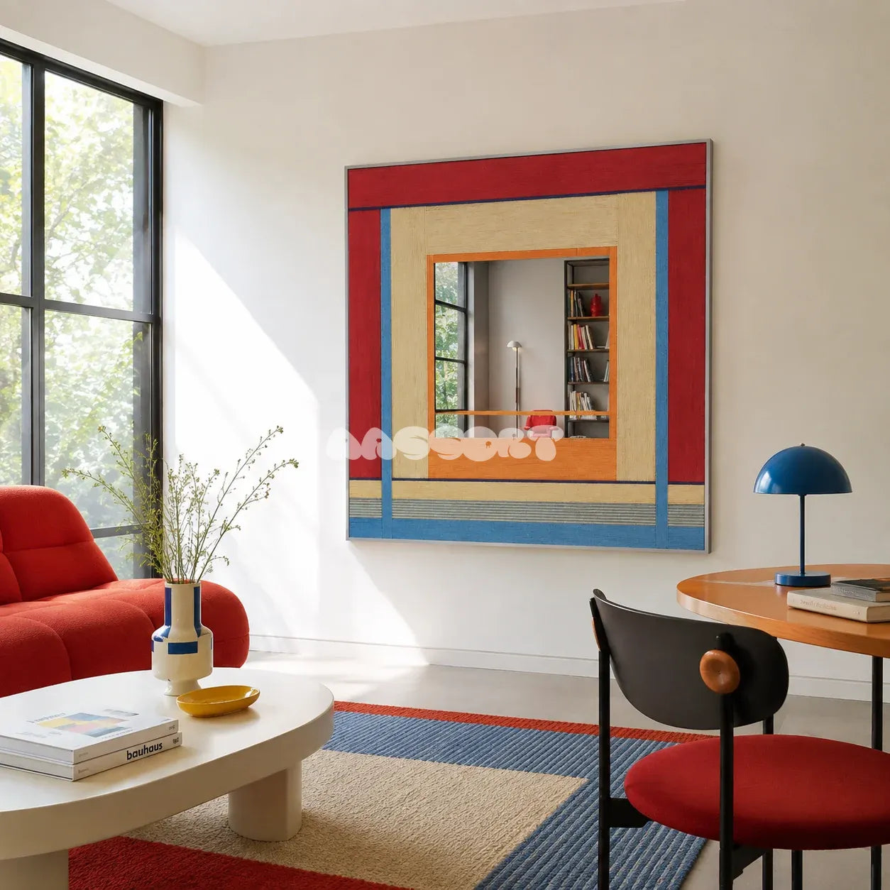 Fields of Blossoms red, blue, cream, and orange yarn-framed mirror displayed in a colorful sunlit reading room.