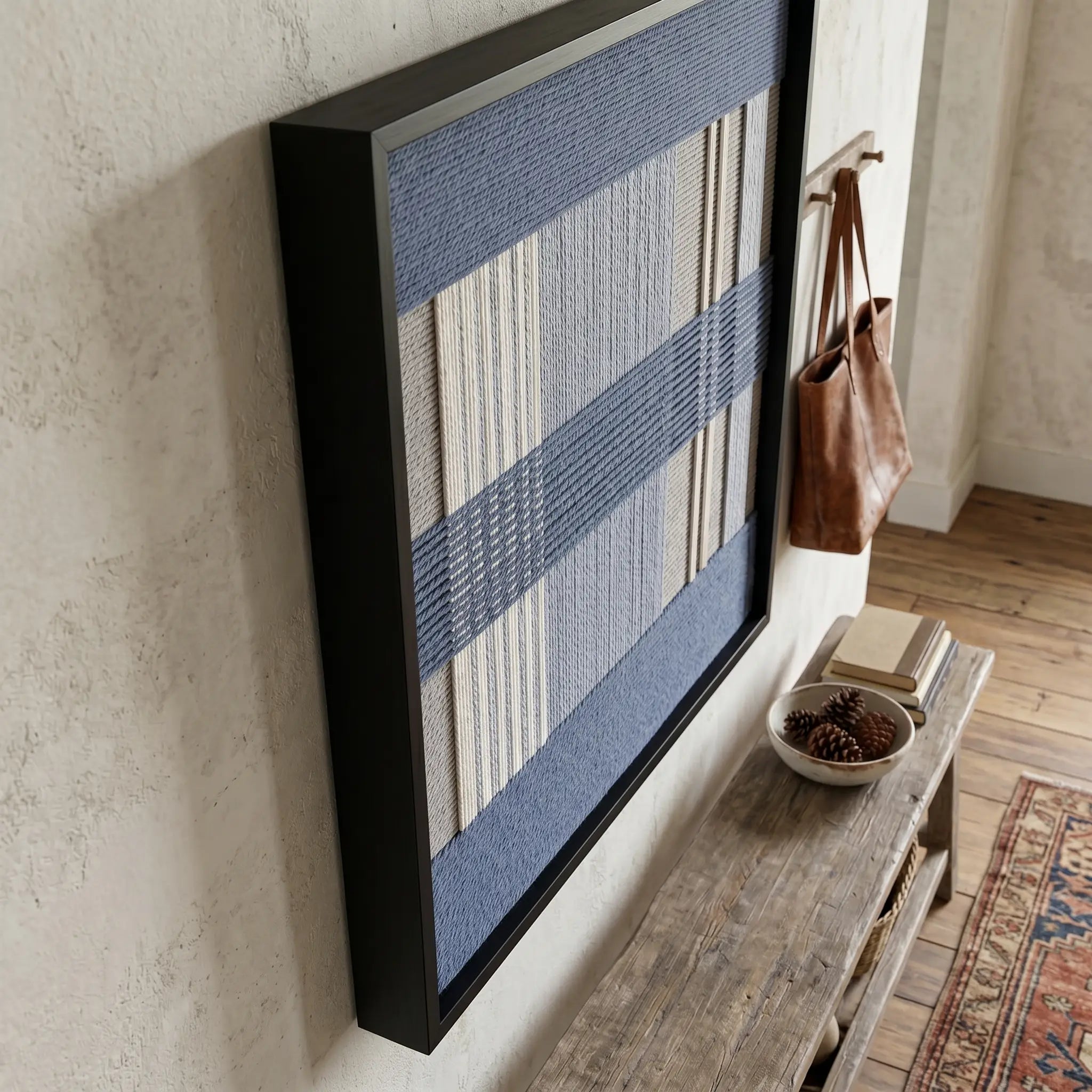 Angled side view of the framed Foggy Pier textile wall art hanging on a textured wall, showing the black frame's depth above a rustic wooden entryway bench.