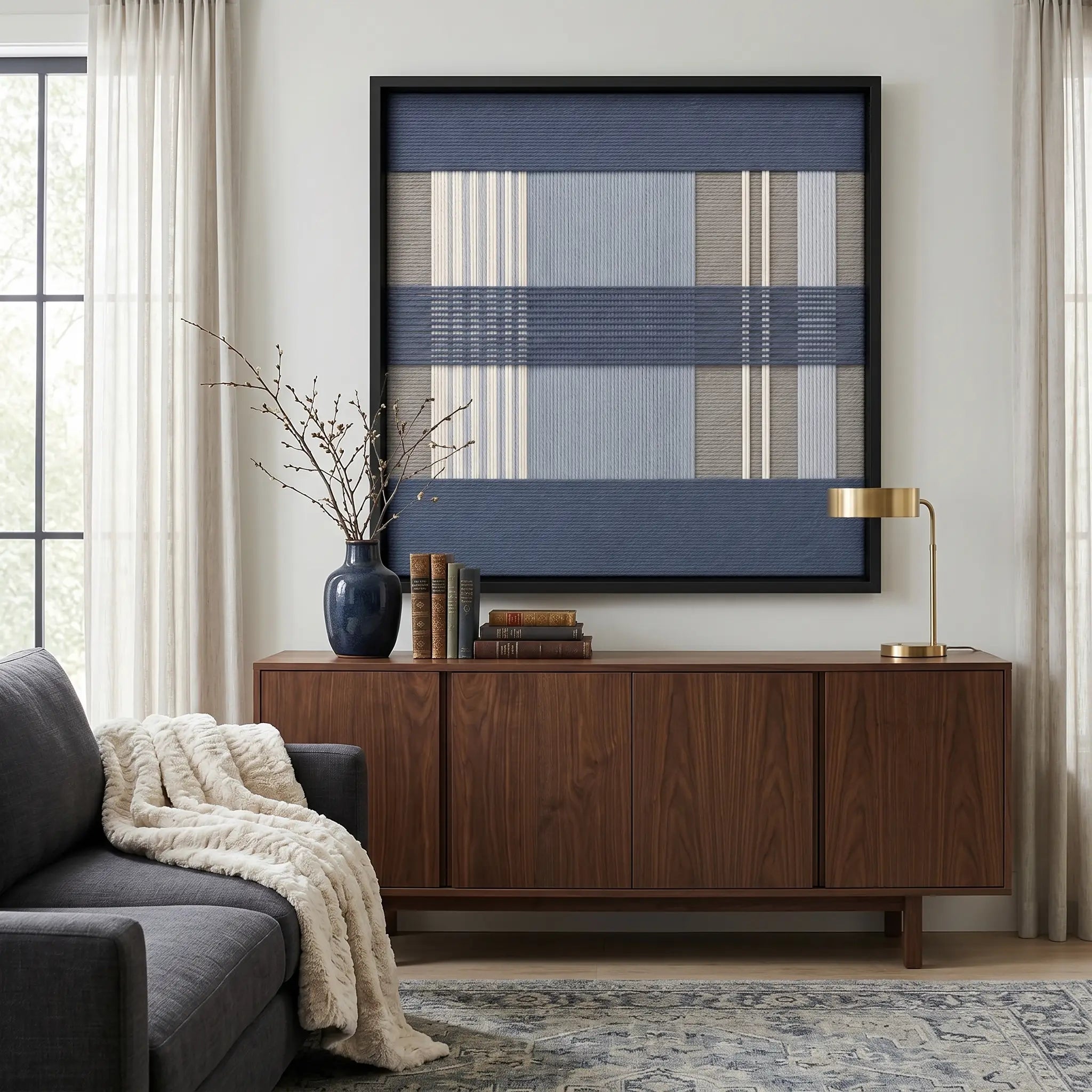 Framed Foggy Pier textile wall art displayed in a bright living room, hanging above a dark wooden sideboard next to a cozy dark blue sofa.