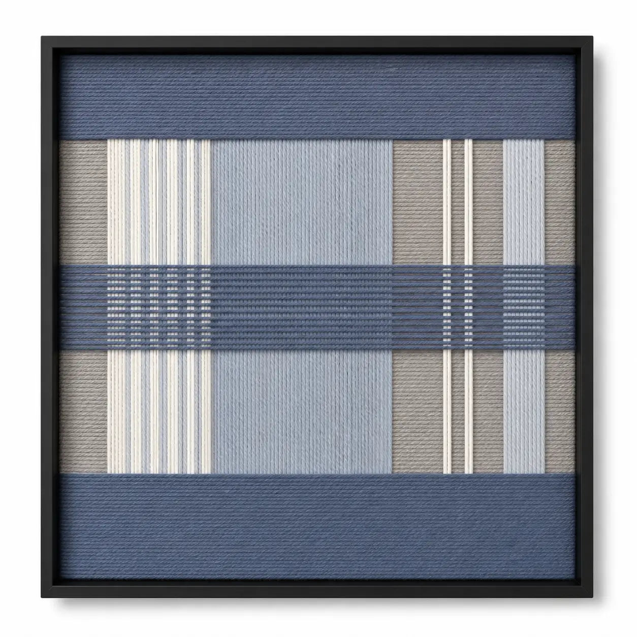 Frontal studio shot of the Foggy Pier square hand-woven textile wall art featuring blue, grey, and cream geometric plaid patterns in a black frame.