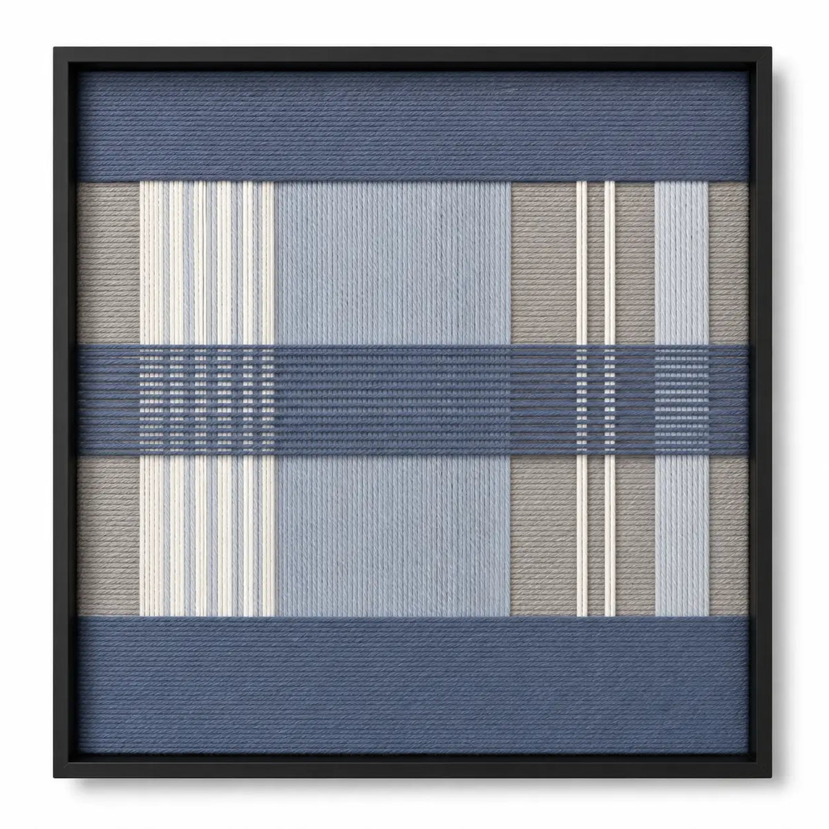 Frontal studio shot of the Foggy Pier square hand-woven textile wall art featuring blue, grey, and cream geometric plaid patterns in a black frame.