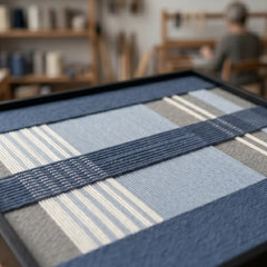 Angled close-up of the Foggy Pier hand-woven tapestry lying flat, showcasing the dimensional blue horizontal lines woven over grey and cream wool.