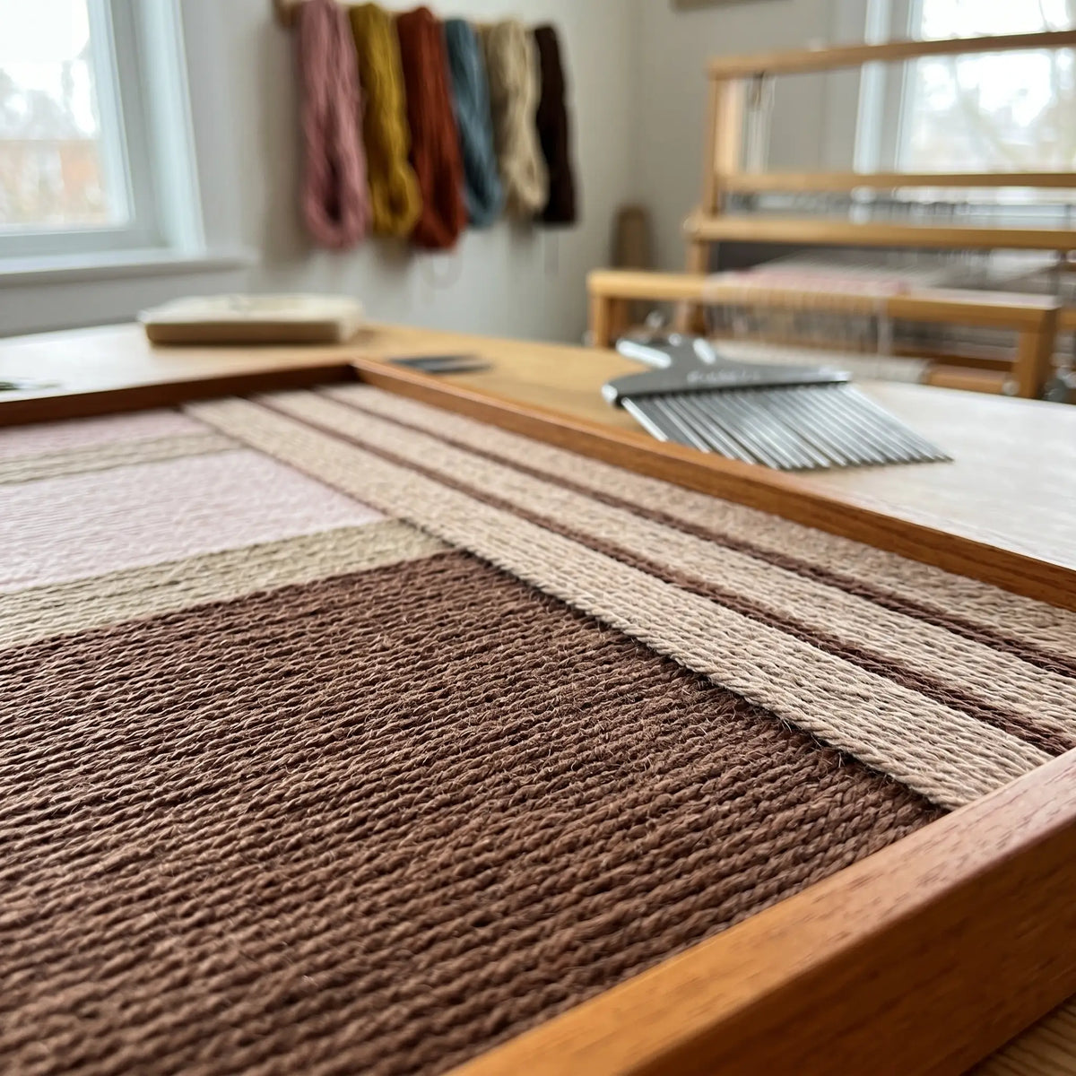 Perspective view of the fiber art in an artist studio setting, showcasing the dimensional quality and craftsmanship of the woven yarn.