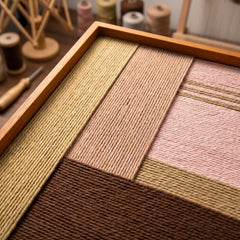 Macro shot highlighting the intricate layered winding technique and varied wool textures in milk coffee, sand, and ochre tones.