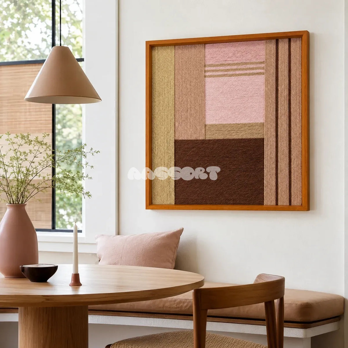 Folded Dialogue pink beige and espresso textile wall art displayed beside a round wood table in a sunlit modern dining nook.