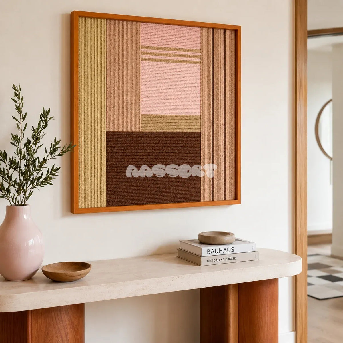 Folded Dialogue pink beige and espresso textile wall art displayed above a stone and wood console in a warm minimalist entryway.