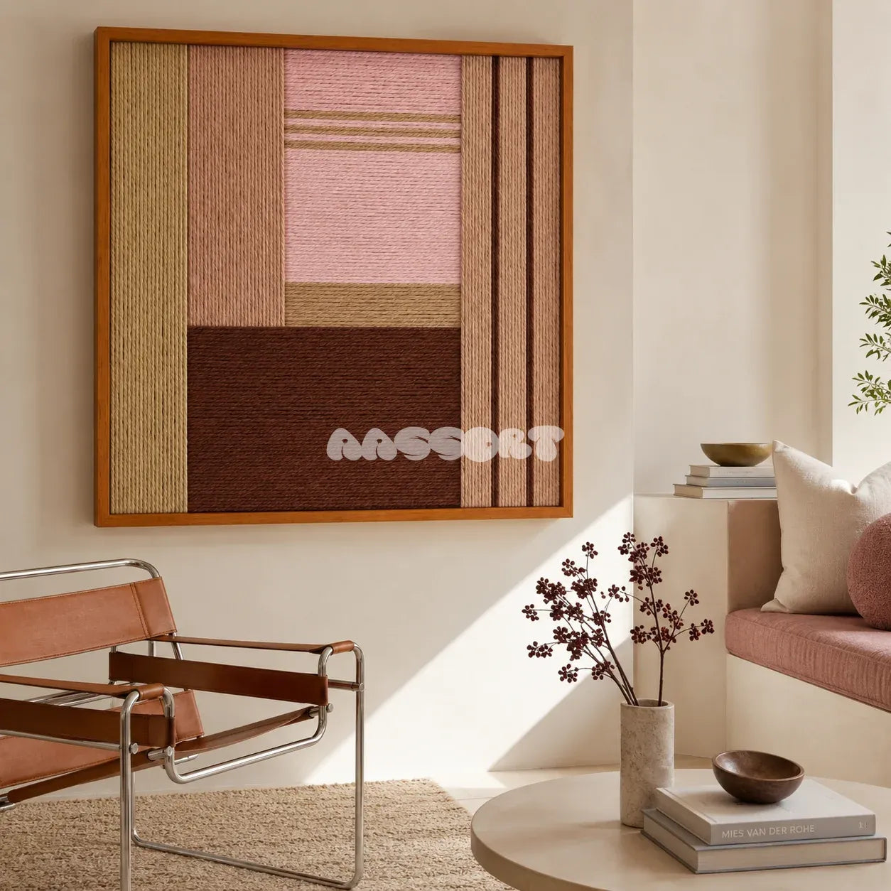 Folded Dialogue pink beige and espresso textile wall art featured above a leather chair in a sunlit modern reading corner.