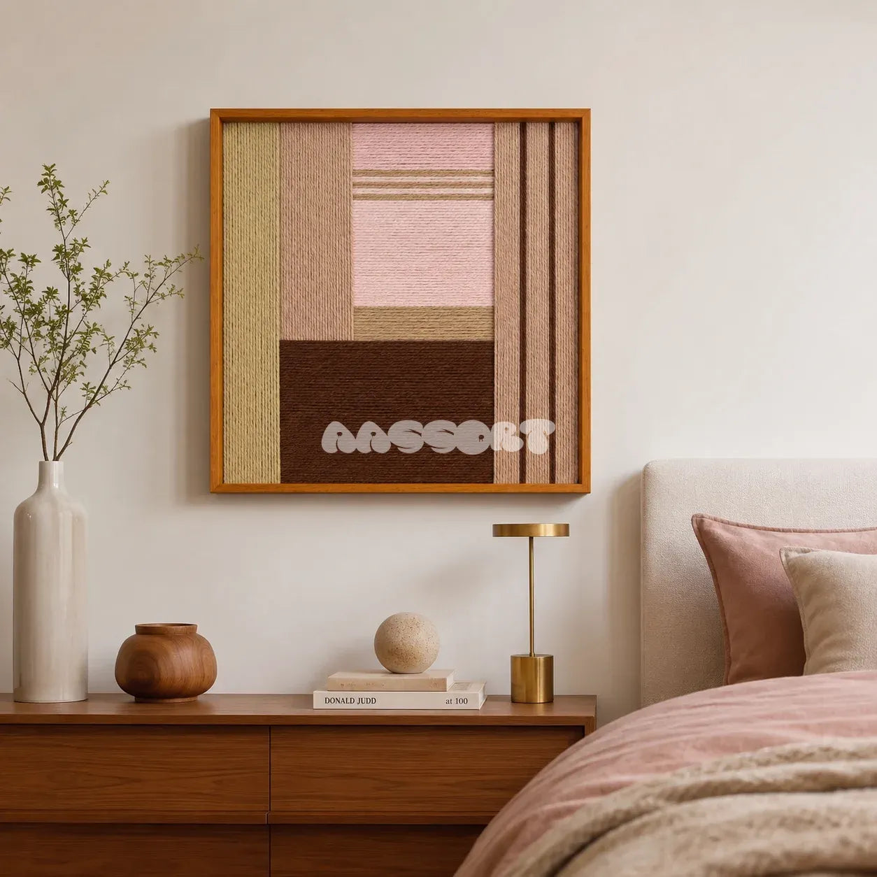 Folded Dialogue pink beige and espresso textile wall art displayed above a walnut nightstand in a warm modern bedroom.