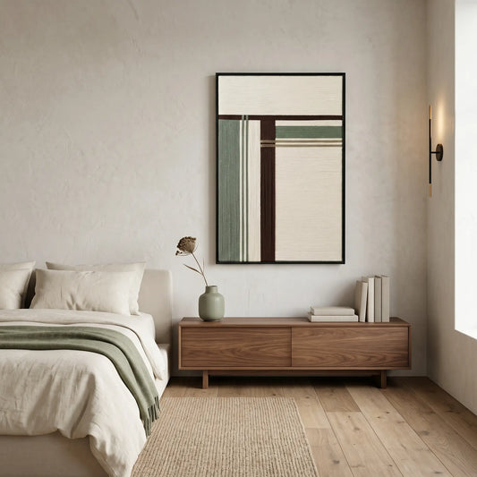 Framed fiber wall art styled in a peaceful bedroom above a wooden console, complementing the cream linens and natural lighting.