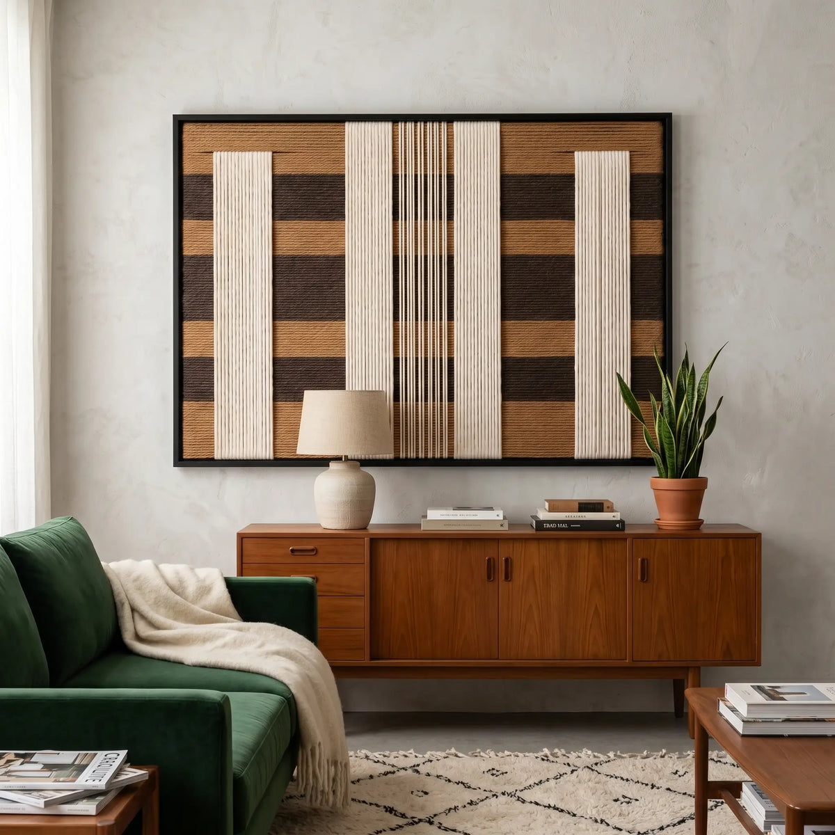 A large Forgotten Gateway framed wall art piece displayed above a mid-century wooden sideboard and green sofa in a modern living room.