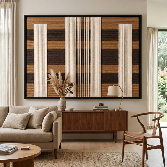 Elegant Forgotten Gateway textile art hanging above a plush sofa and wooden sideboard, showcasing the contrast of cream and brown wool textures.