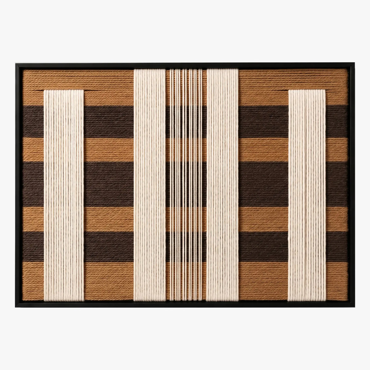 Frontal studio shot of the Forgotten Gateway rectangular hand-woven tapestry, showing minimalist cream and brown geometric stripes on white background.