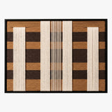 Frontal studio shot of the Forgotten Gateway rectangular hand-woven tapestry, showing minimalist cream and brown geometric stripes on white background.